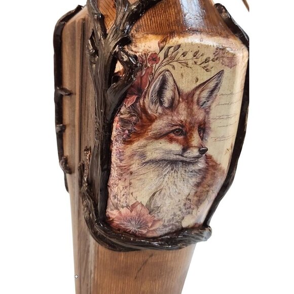 Wooden Fence Post Vase With Fox Design & Faux Grass Grain Arrangement 28" tall W - Picture 3 of 15